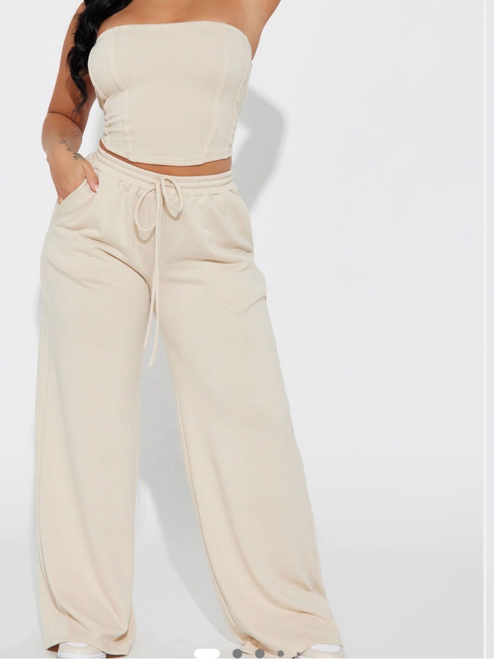 Beige Cotton Lounge Set - Cozy Drawstring Pants